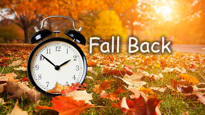 Fall Back. An alarm clock sits on a lawn of fallen leaves. 