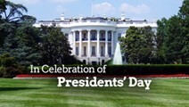 The words In Celebration of President's Day with the White House in the background.